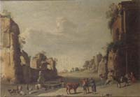 unknow artist A southern landscape with drovers and their cattle resting before a set of ruins